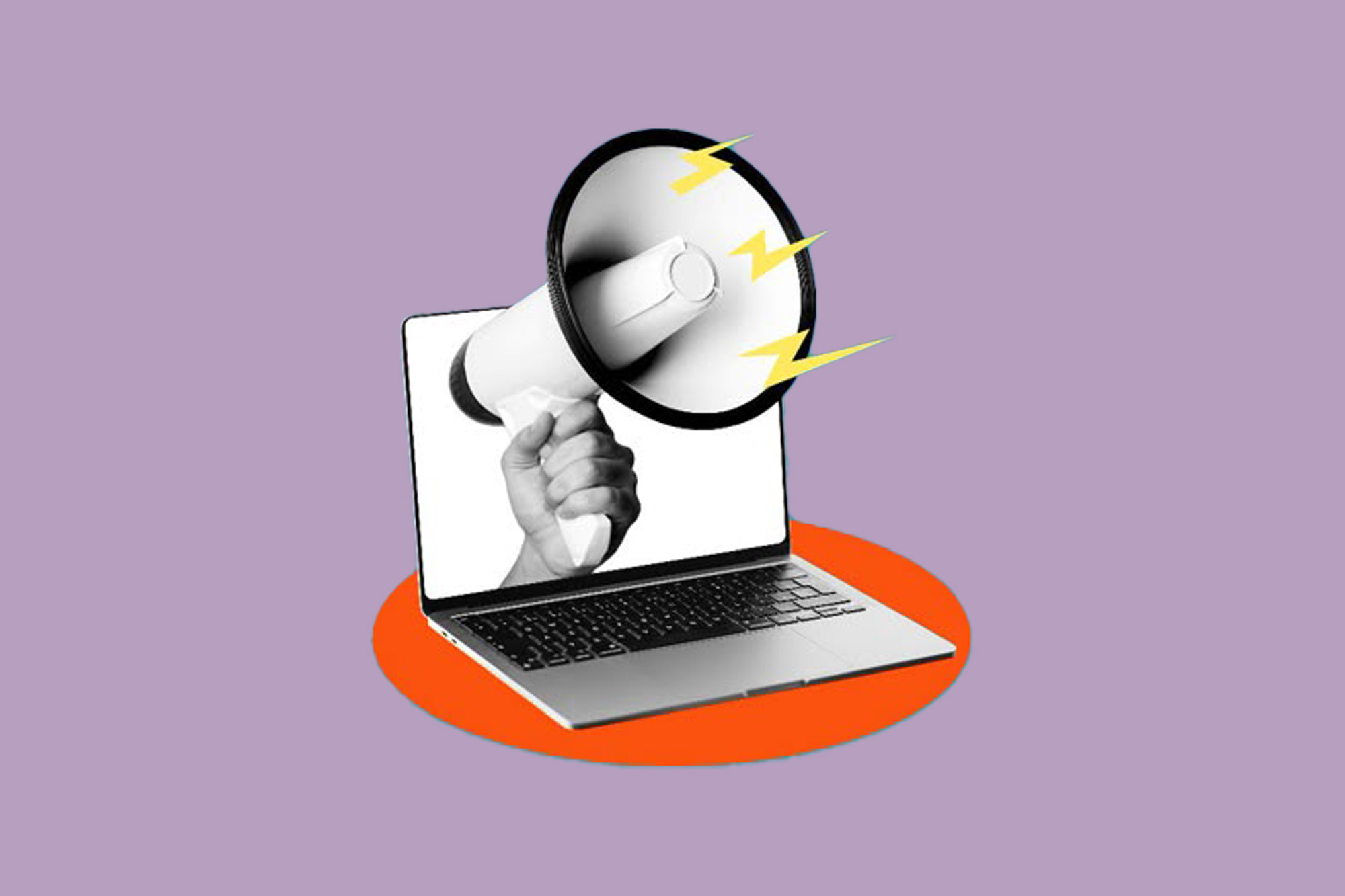 En svartvit hand håller en svartvit megafon framför en lila bakgrund