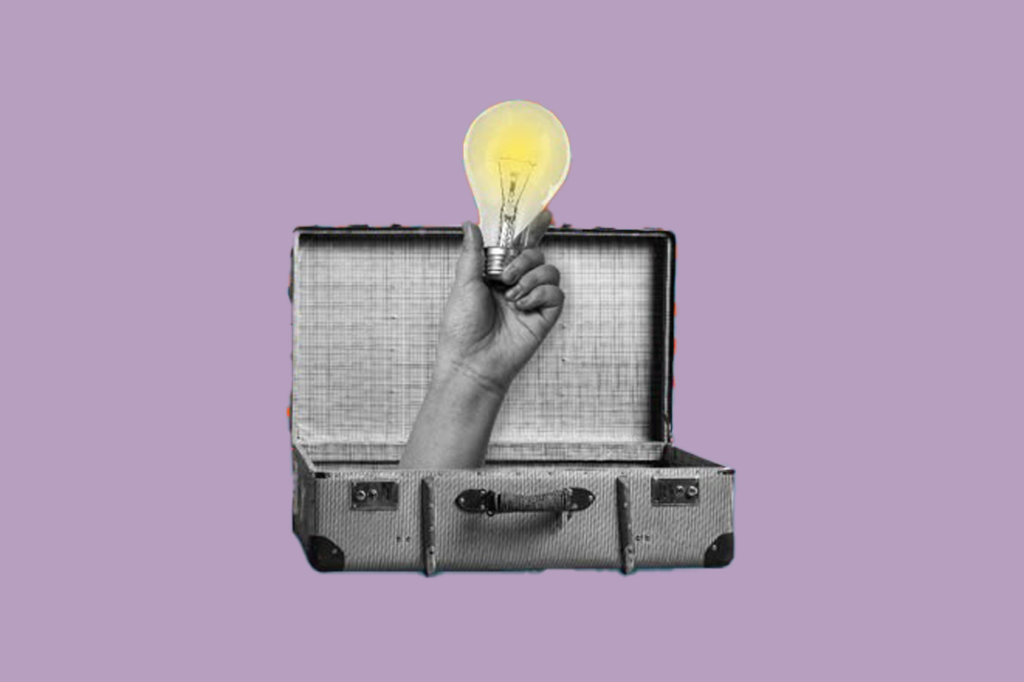 En lila bild med en väska där det kommer ut en hand som håller i en glödlampa